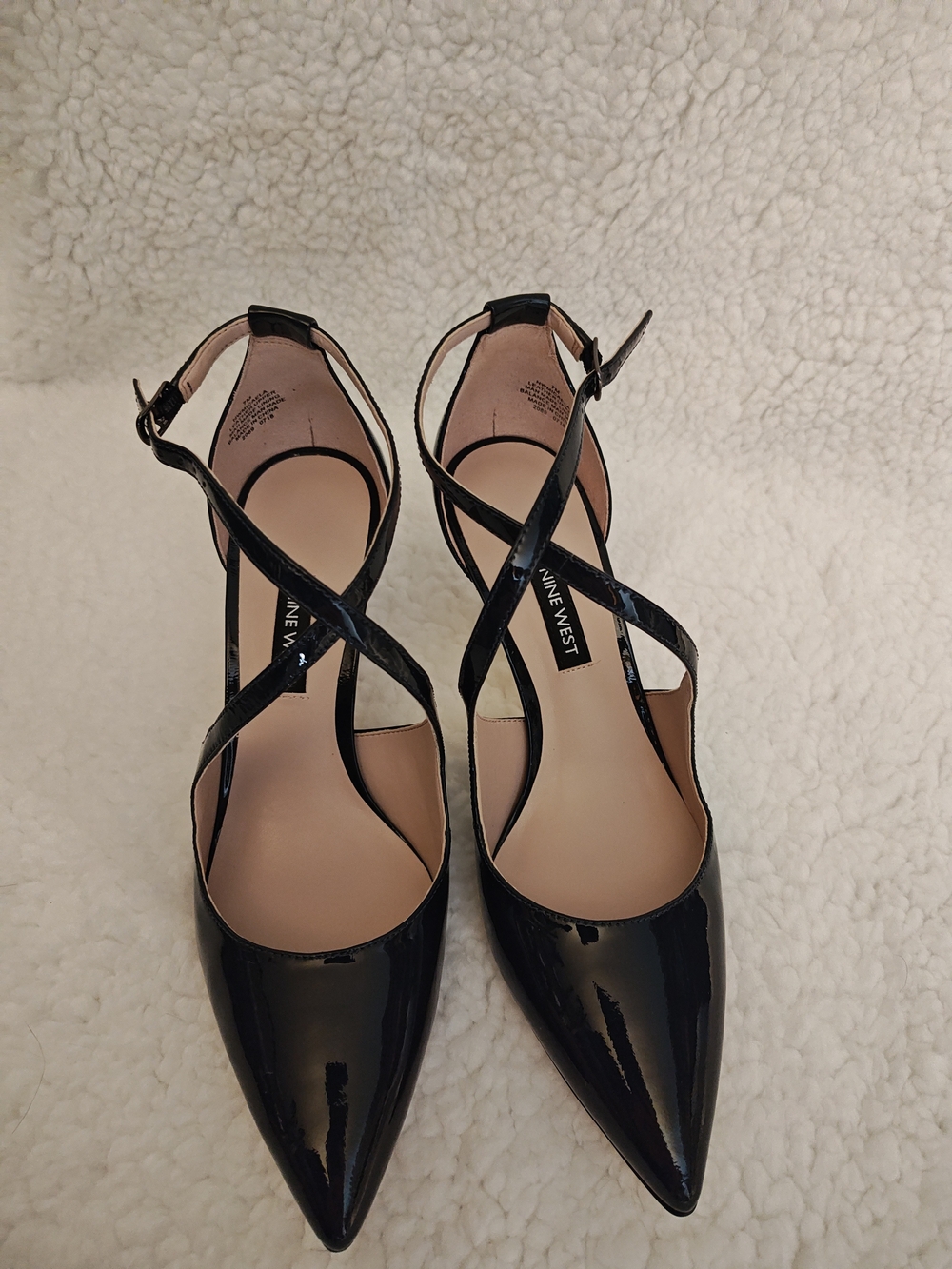 Nine West Micaela Navy Patent Pointed-Toe Crisscross Ankle-Strap Heels